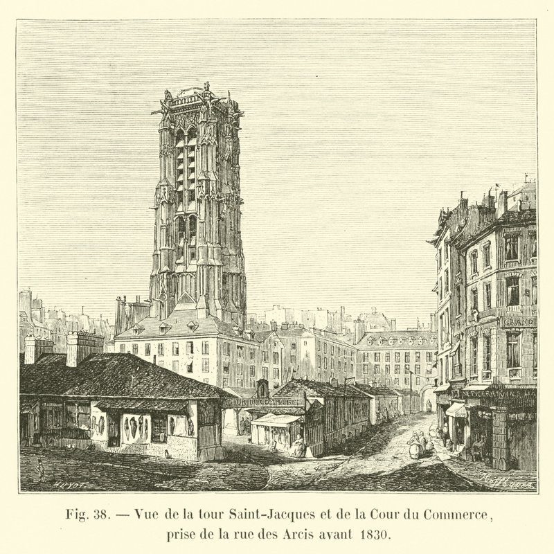 Vista da torre de Saint-Jacques e da Cour du Commerce, tirada da rue des Arcis antes de 1830 de French School