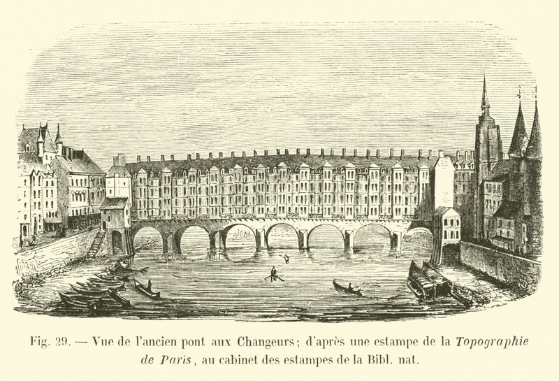 Vista da ponte velha nos cambiadores; Depois de uma impressão da Topografia de Paris, no gabinete de impressões da Bibl nat de French School