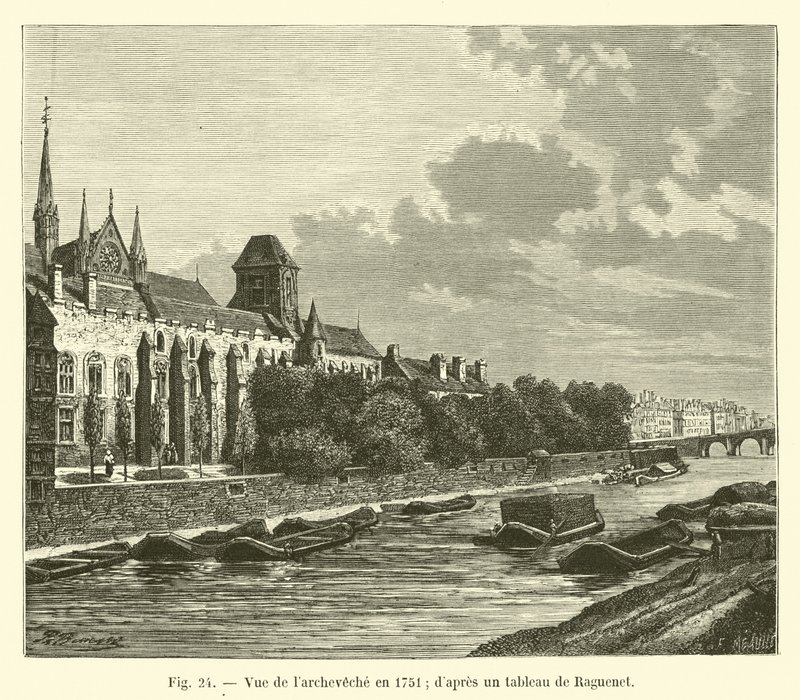 Vista do larcheveche em 1751; de uma pintura de Raguenet de French School