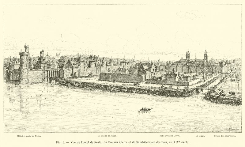 Vista do hotel de Nesle, Pre aux Clercs e Saint-Germain des Pres, século XIV de French School