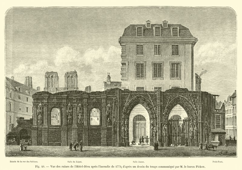 Vista das ruínas do Hotel Dieu após o incêndio de 1772; a partir de um desenho do tempo comunicado pelo Barão Pichon de French School