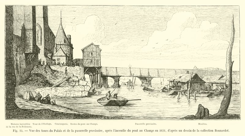 Vista das torres do Palácio e da ponte temporária, após o incêndio da Pont au Change em 1621, a partir de um desenho da colecção de Bonnardot de French School