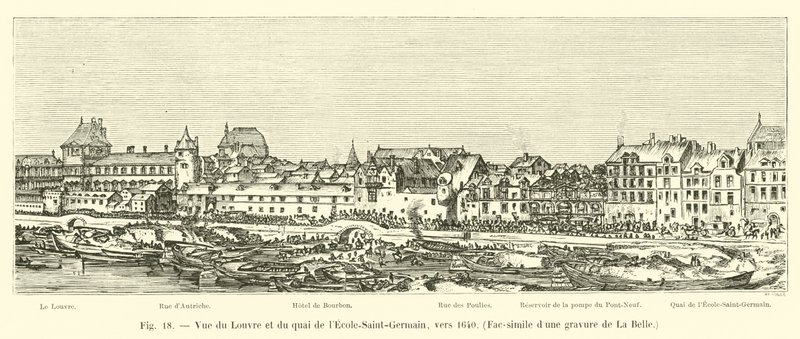 Vista do Louvre e do Quai de l&39;Ecole-Saint-Germain, por volta de 1640, Fac-símile de uma gravura de La Belle de French School