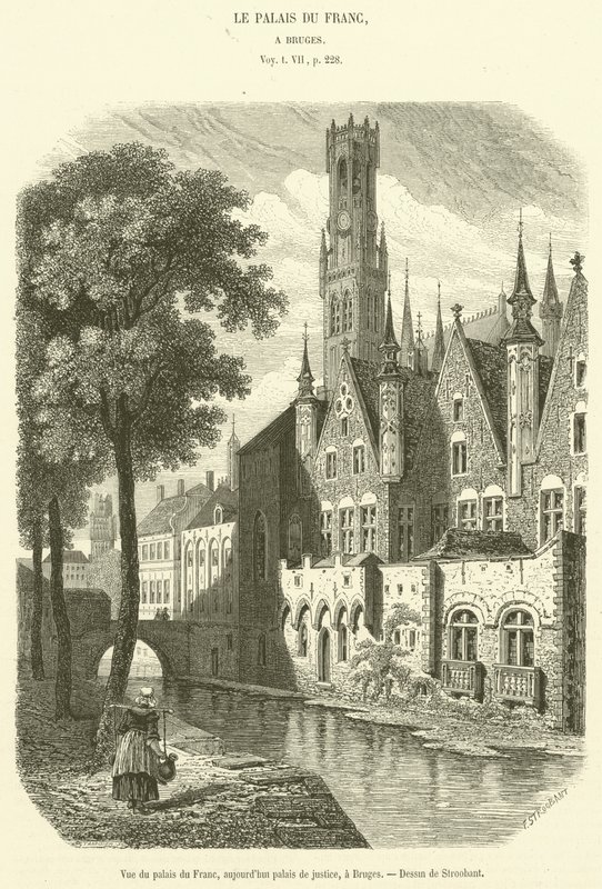 Vista do Palácio Frankish, agora Tribunal de Justiça, em Bruges (gravura) de French School
