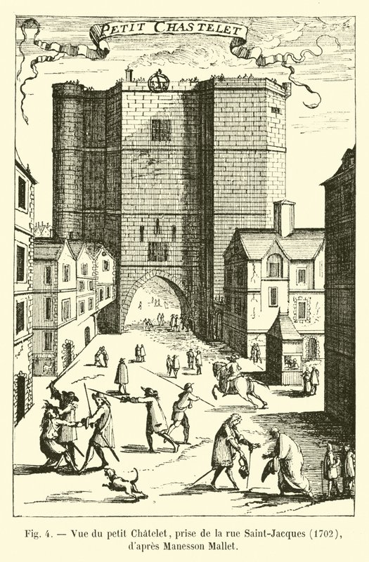 Vista do pequeno Chatelet, tirada da rue Saint-Jacques, 1702, Manesson Mallet de French School