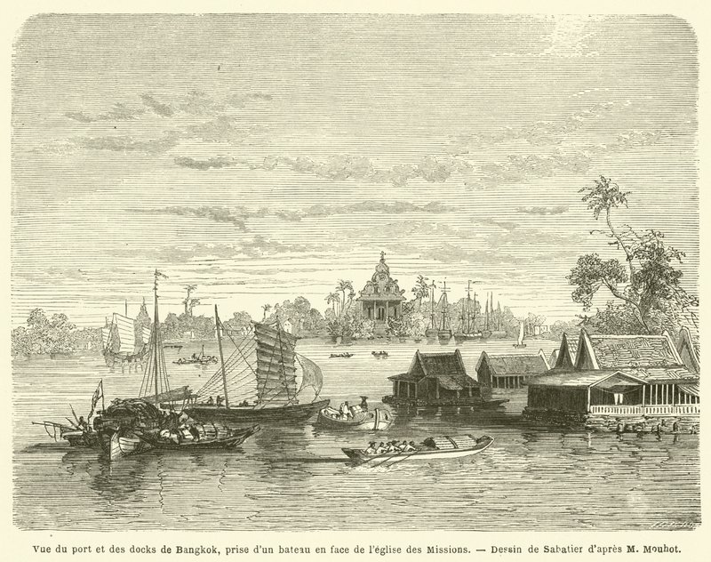 Vista do porto e das docas de Bangkok, tirada de um barco em frente à Igreja das Missões (gravura) de French School