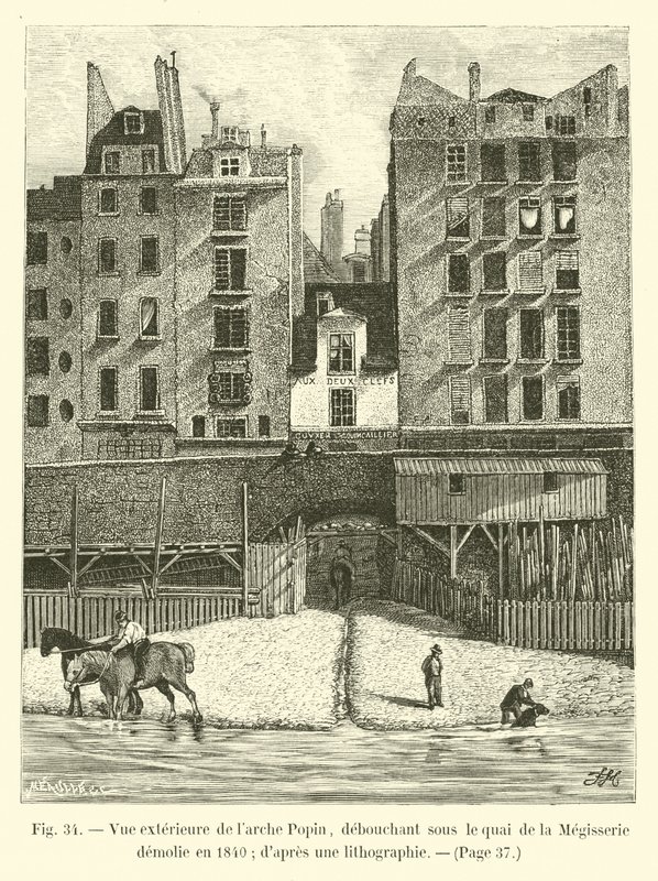 Visão de fora da Larche de Popin, debatendo sob o cais da Megisserie demolida em 1840; dapres uma litografia de French School
