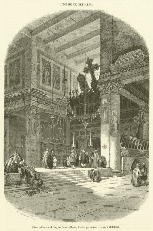 Vista interior da igreja de Santa Maria, fundada por Santa Helena, em Belém (gravura) de French School