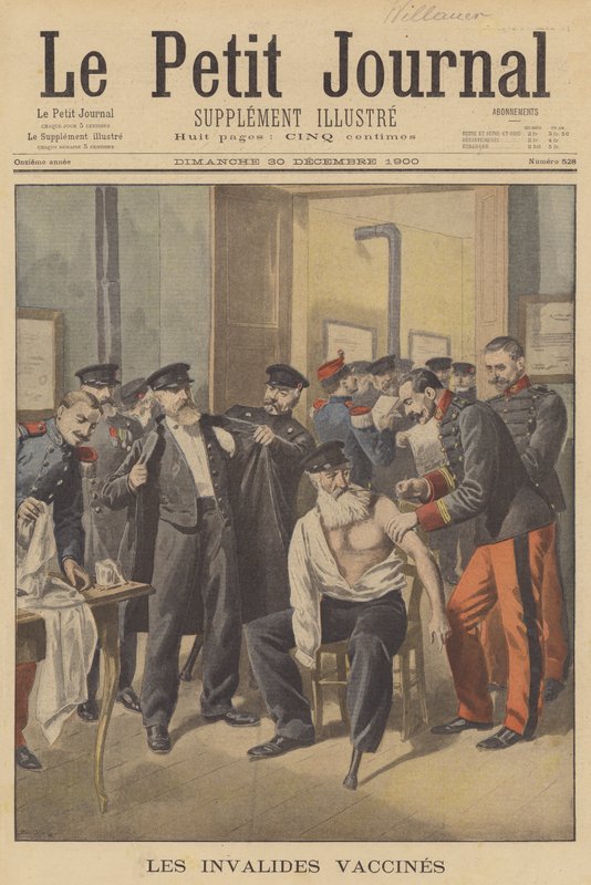 Veteranos de guerra que recebem vacinação contra a varíola (cor litho) de French School