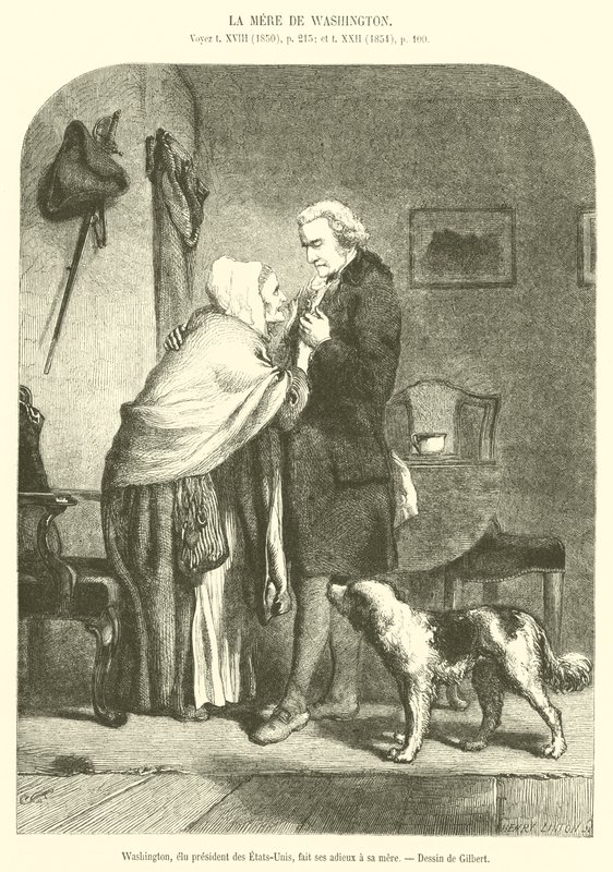 Washington, eleito presidente dos Estados Unidos, diz adeus à sua mãe (gravura) de French School