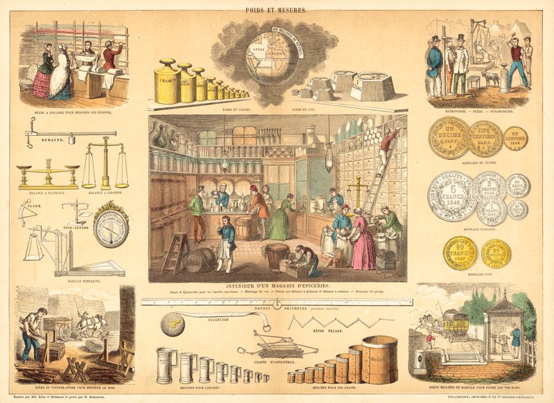Pesos e medidas (gravura colorida) de French School