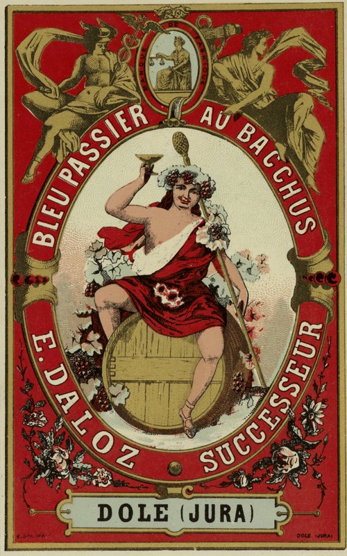 Rótulo de vinho representando Baco de French School