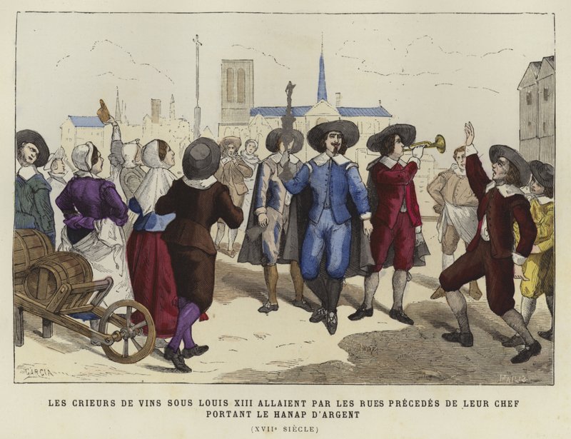 Vendedores de vinho passando pelas ruas atrás de seu líder, carregando a taça de prata, reinado de Luís XIII, do século XVII de French School