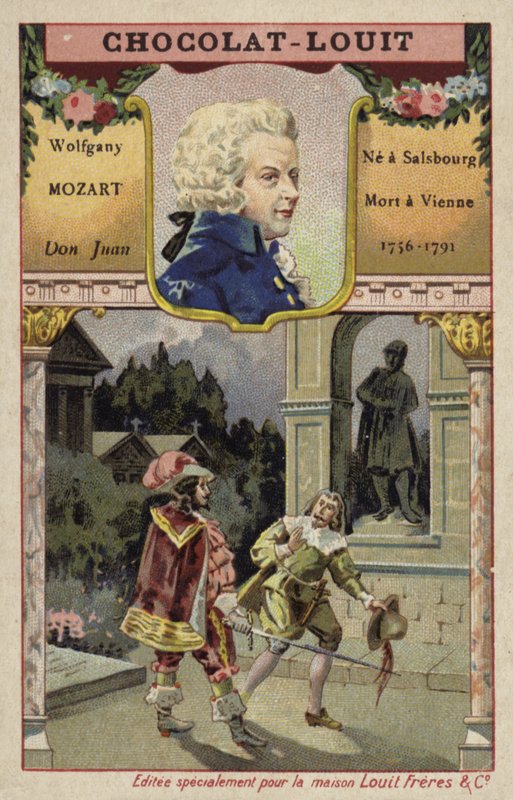 Wolfgang Amadeus Mozart, compositor austríaco, e uma cena da sua ópera Don Juan (cromolitografia) de French School