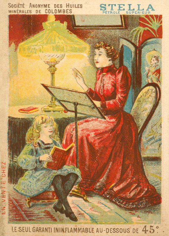 Mulher, criança, leitura, luz, óleo, lâmpada de French School