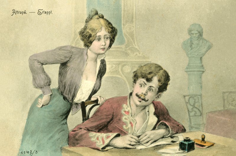 Mulher a apanhar um homem a escrever uma carta (litografia a cores) de French School