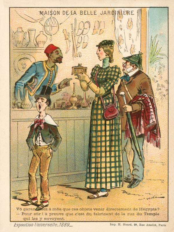 Mulher examinando artigos egípcios, Exposição Universelle 1889, Paris (chromolitho) de French School
