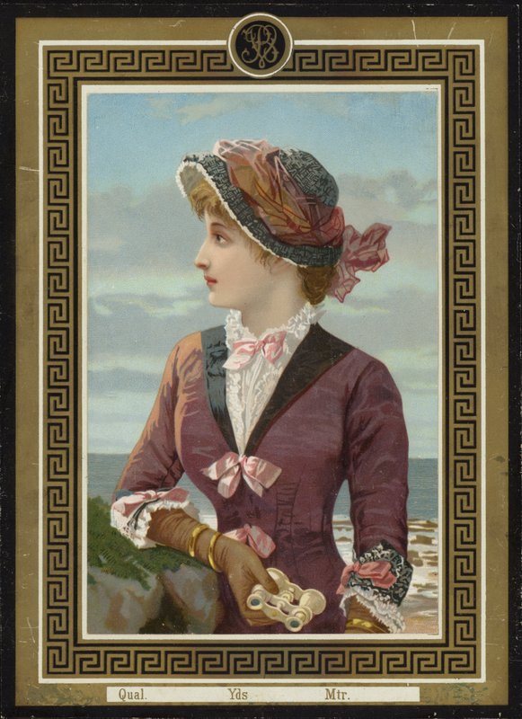 Mulher olhando para o mar com binóculos de French School