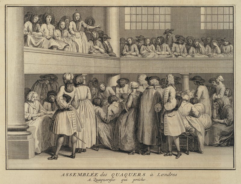 Pregação de uma mulher numa reunião de Quakers em Londres (gravura) de French School