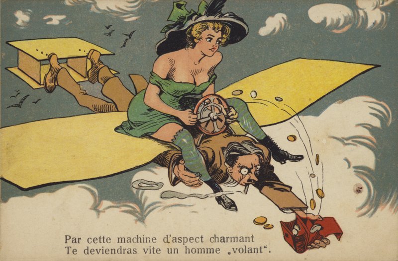 Mulher com busto semi-exposto montada num homem/aeronave (litografia a cores) de French School
