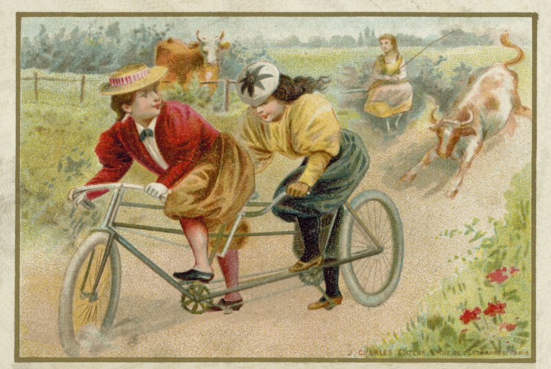 Mulheres, montando, um, tandem de French School