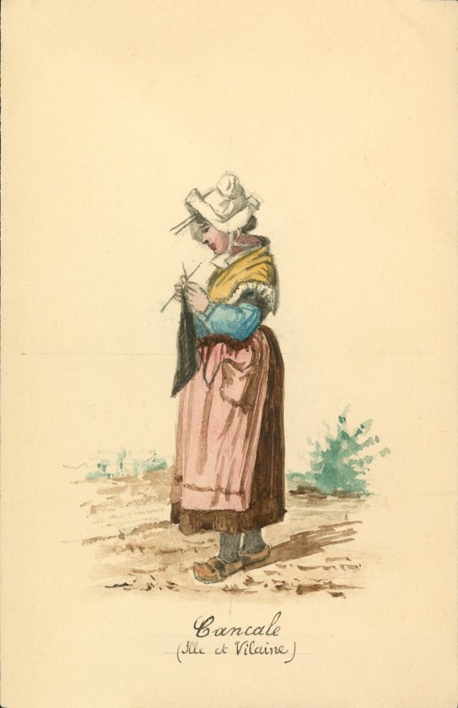 Traje feminino de Cancale, Ille-et-Vilaine (litografia a cores) de French School