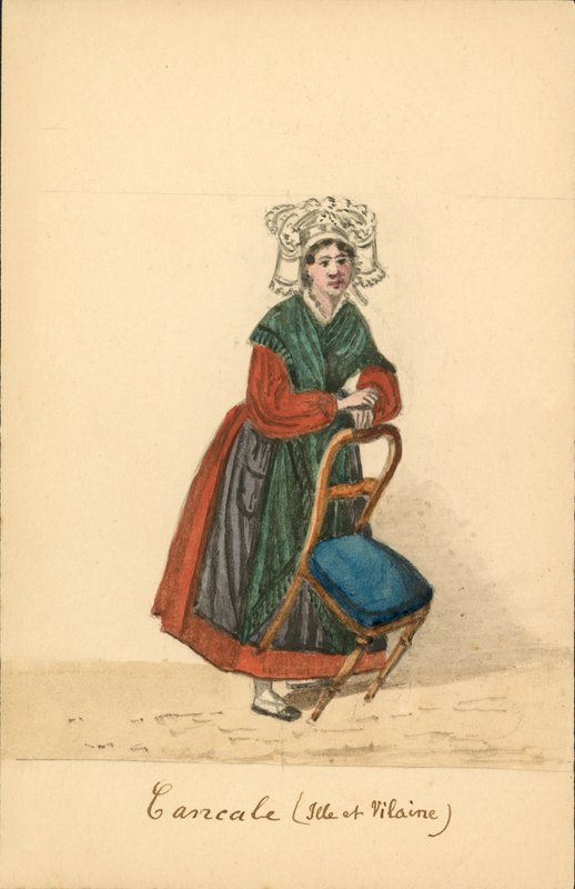 Traje feminino de Cancale, Ille-et-Vilaine (litografia a cores) de French School