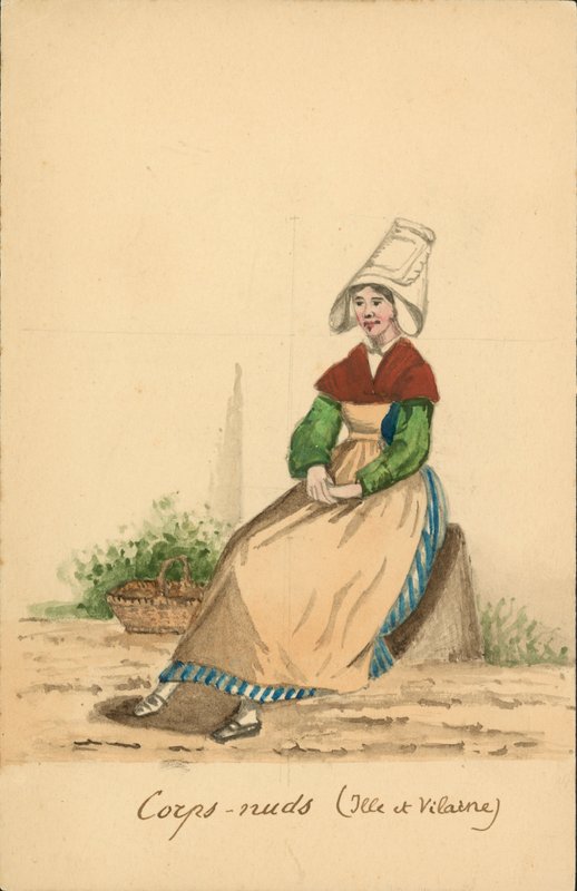Traje feminino de Corps-Nuds, Ille-et-Vilaine (litografia a cores) de French School