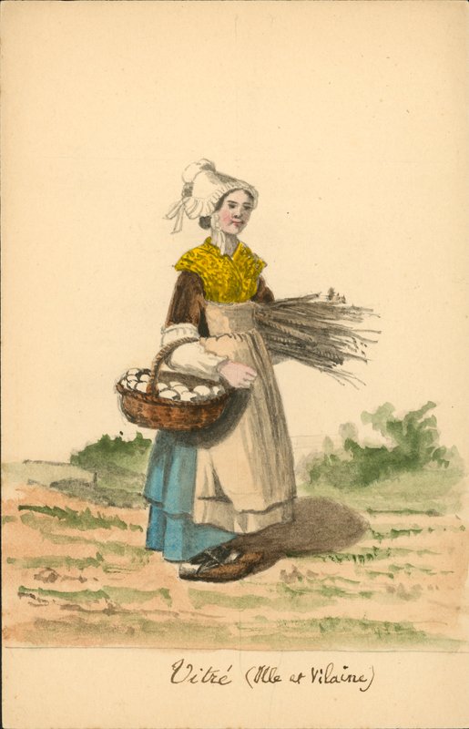 Traje feminino de Vitre, Ille-et-Vilaine (litografia a cores) de French School