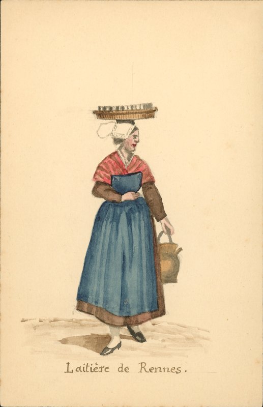 Fato de mulher de uma leiteira de Rennes (litografia a cores) de French School