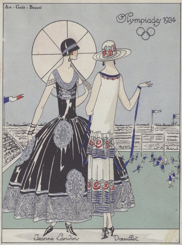 Moda feminina nos Jogos Olímpicos de 1924 pelos estilistas Jeanne Lanvin e Georges Doeuillet (litografia a cores) de French School