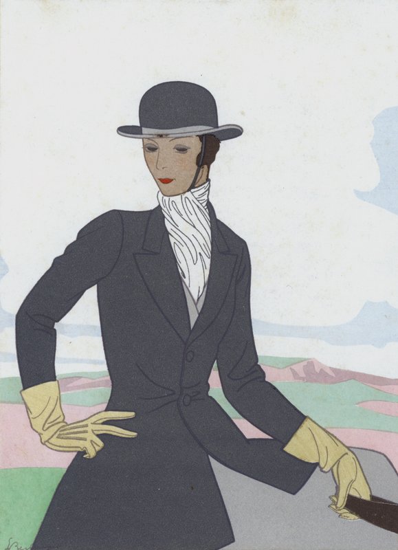 Desenho de hábito de montar para mulher dos anos 20 (litografia a cores) de French School