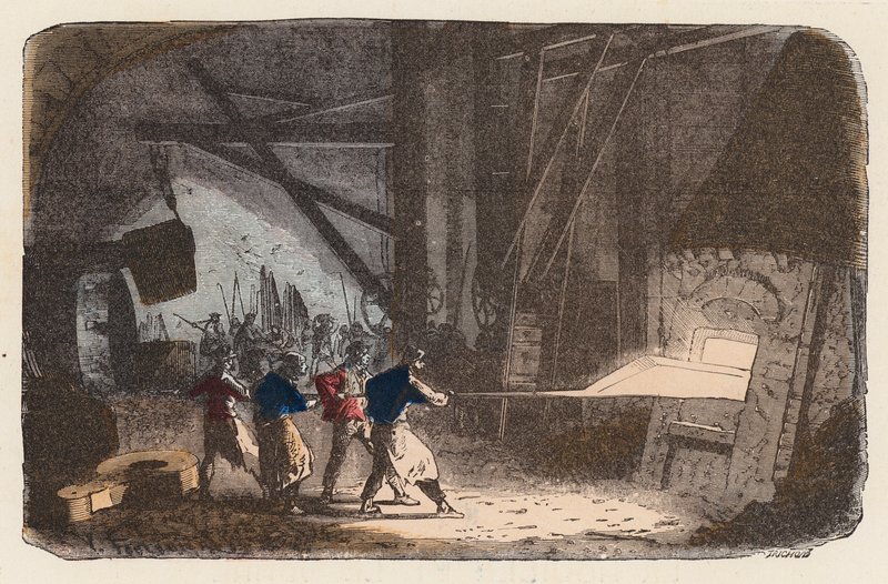 Trabalhando com ferro em um forno (gravura colorida) de French School