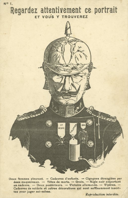 Cartão postal de propaganda anti-Alemanha da Primeira Guerra Mundial (litho) de French School