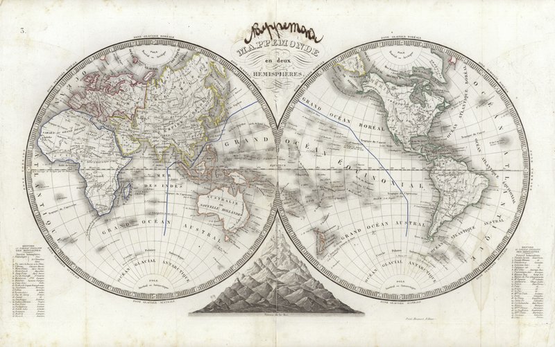 Mapa do mundo em dois hemisférios (gravura de cor) de French School