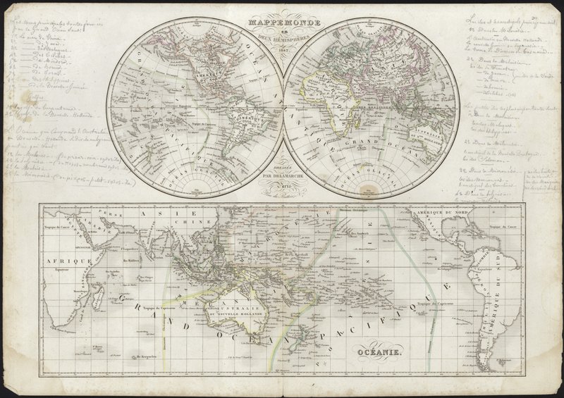 Mapa do mundo em dois hemisférios de French School