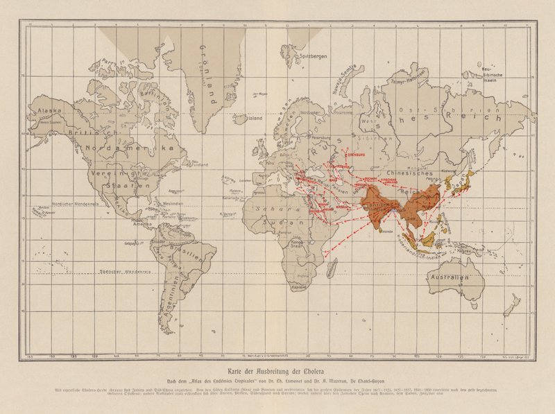 Mapa-mundo da propagação da cólera (litografia a cores) de French School