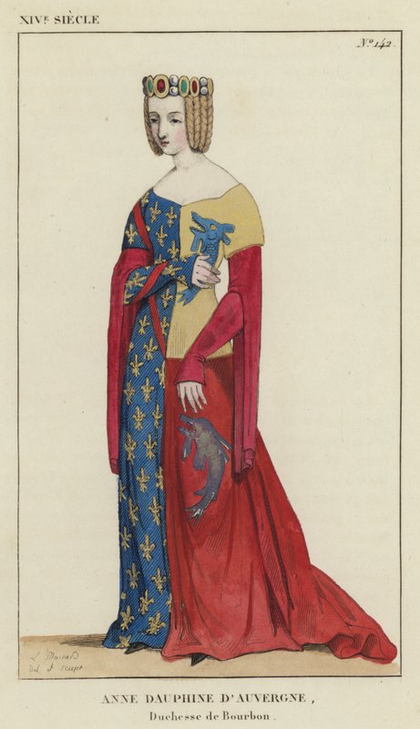 Século XIV, Anne Dauphine de Auvergne, Duquesa de Bourbon (gravura a cores) de French School