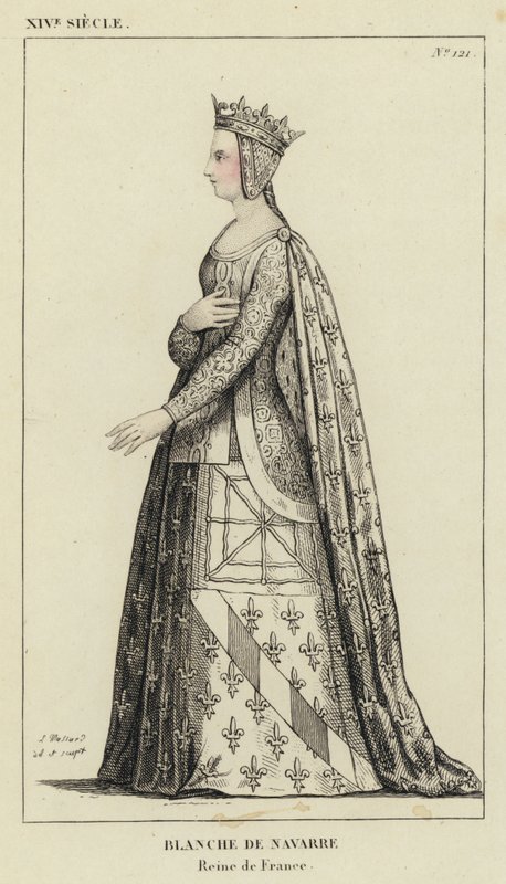 Século XIV, Blanche de Navarra, Rainha de França (gravura a cores) de French School