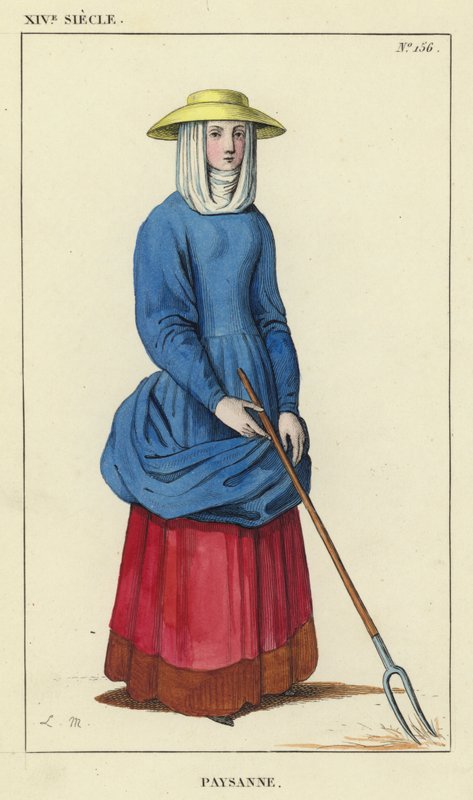 Século XIV, mulher camponesa (gravura colorida) de French School