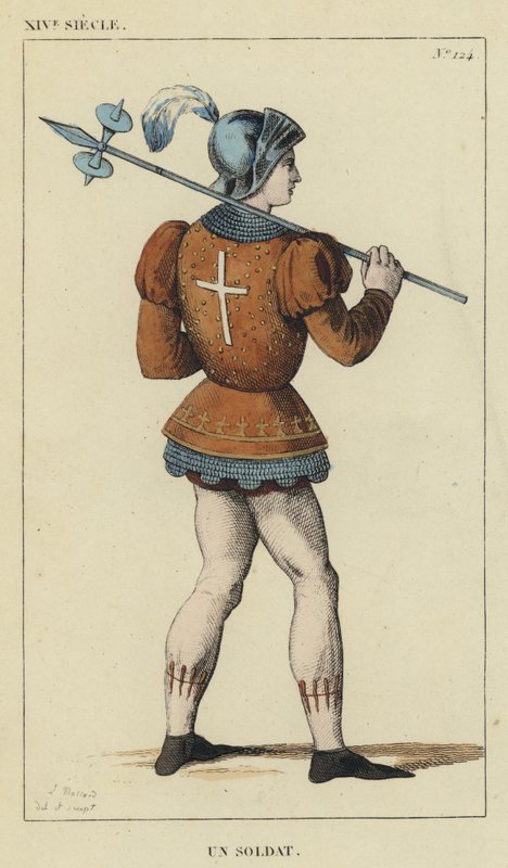 XIV Siecle, Un Soldat (gravura a cores) de French School
