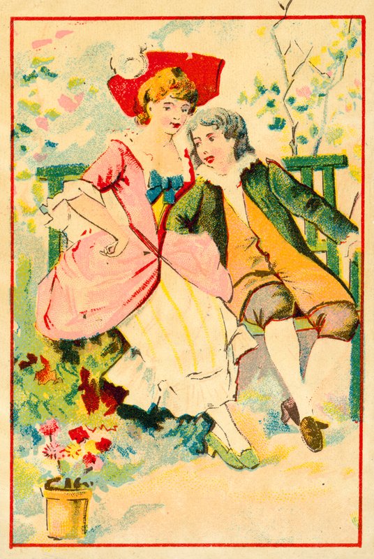 Jovem casal em um banco de jardim (chromolitho) de French School