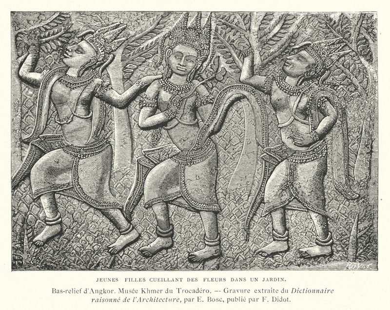 Jovens raparigas a colher flores num jardim, baixo-relevo de Angkor, Camboja (gravura) de French School