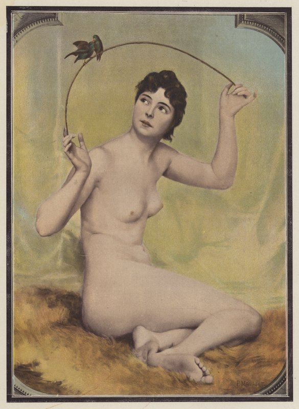 Jovem mulher nua com pássaros (lito colorido) de French School