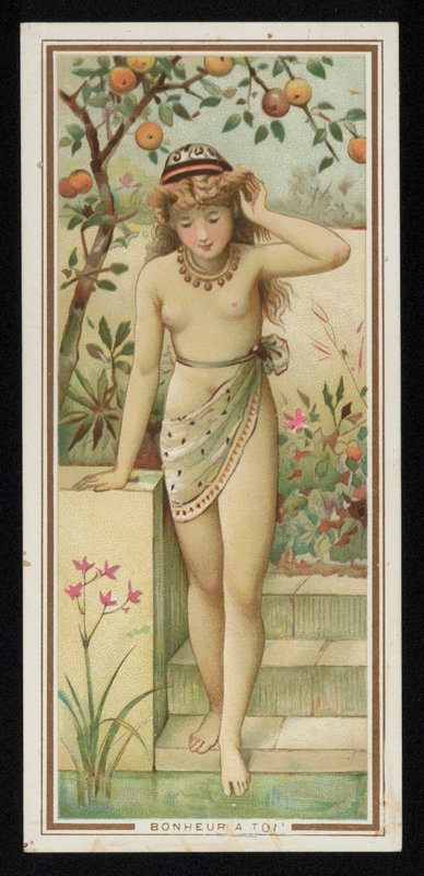 Jovem mulher num jardim, cartão de felicitações. (chromolitho) de French School