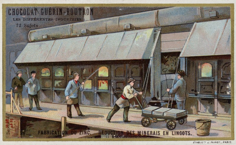 Fabricação de zinco. Redução de minério em lingotes (chromolitho) de French School