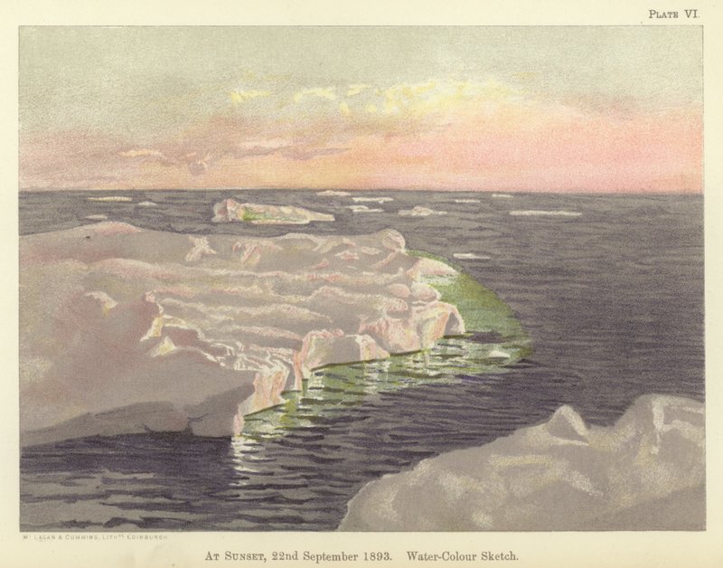 Ao pôr-do-sol, 22 de Setembro de 1893, esboço aquarelado (cor litho) de Fridtjof Nansen