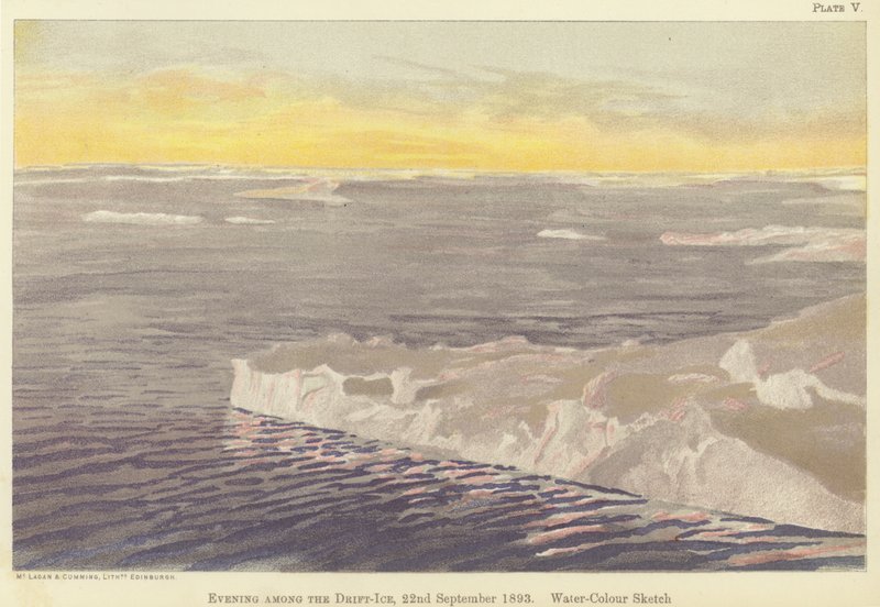 Noite entre o gelo à deriva, 22 de Setembro de 1893, esboço de aguarela (cor litho) de Fridtjof Nansen