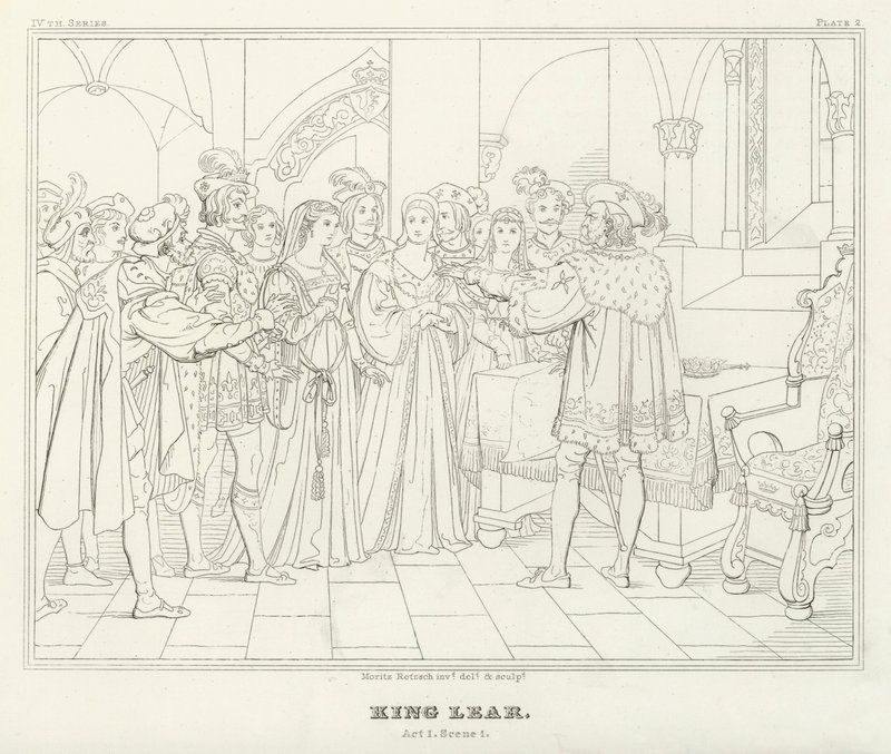 Rei Lear, Acto I, Cena 1 (gravura) de Friedrich August Moritz Retzsch