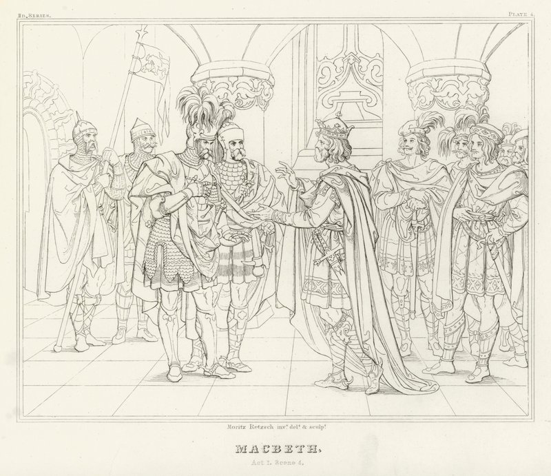Macbeth, Acto I, Cena 4 (gravura) de Friedrich August Moritz Retzsch